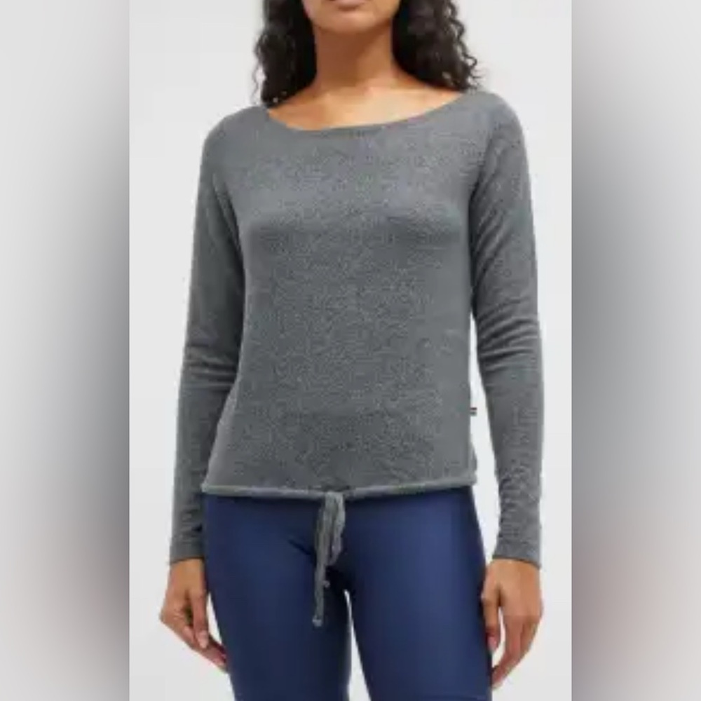 Sol Angeles Grey Hacci Off-Shoulder Fuzzy Tie Front Sweater